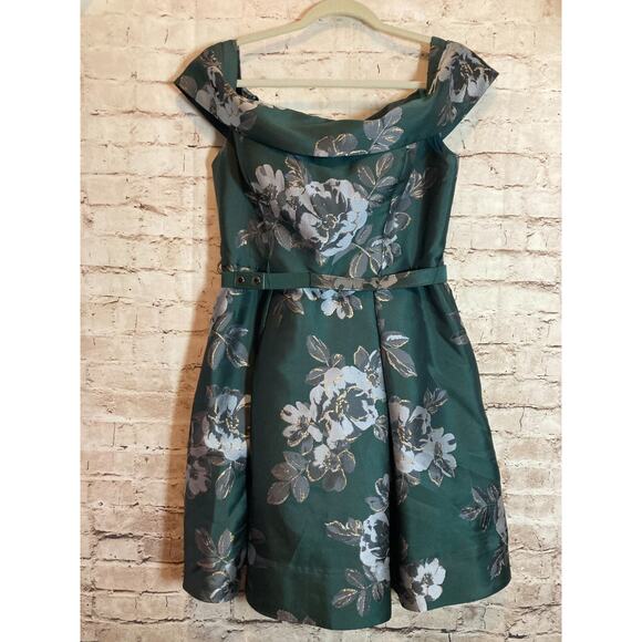 Eliza J Dresses & Skirts - Eliza J Dress Womens 12 Petite‎ Forest Green Floral Gold Glitter Belted Party